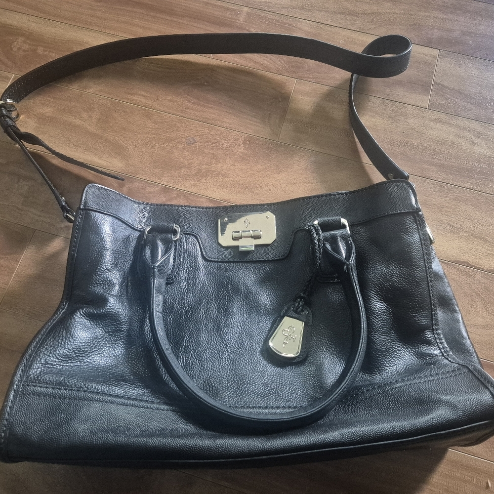 NWOT COLE HAAN Black Leather SATCHEL/CROSSBODY with Red/Hot Pink satin interior.